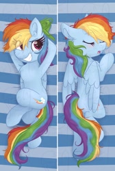 Size: 1280x1908 | Tagged: safe, artist:littleblackraencloud, character:rainbow dash, species:pegasus, species:pony, backwards cutie mark, blushing, body pillow, body pillow design, chest fluff, cute, dashabetes, ear fluff, eyes closed, female, hooves behind head, lightly watermarked, on back, open mouth, prone, sleeping, smiling, solo, watermark