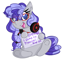 Size: 2048x1924 | Tagged: safe, artist:littleblackraencloud, oc, oc only, oc:cinnabyte, commission, gaming headset, glasses, headphones, headset, sign, simple background, transparent background, trotcon, your character here