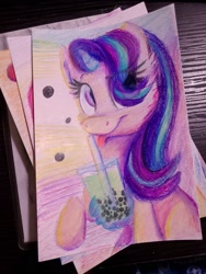 Size: 1536x2048 | Tagged: safe, artist:littleblackraencloud, character:starlight glimmer, species:pony, species:unicorn, eye clipping through hair, female, hair over one eye, juice, solo, straw, tongue out, traditional art