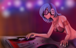 Size: 2250x1421 | Tagged: safe, artist:gunslingerpen, character:dj pon-3, character:vinyl scratch, bikini top, breasts, clothing, female, headphones, humanized, necklace, panties, sideboob, smiling, solo, thong, turntable, underwear