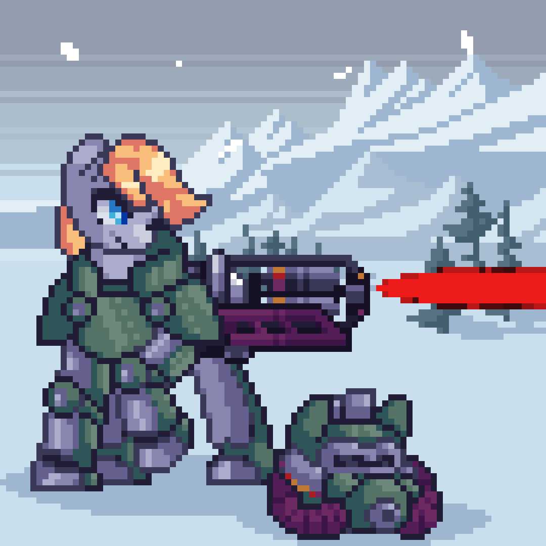 Size: 1080x1080 | Tagged: safe, artist:stockingshot56, oc, oc only, oc:gray star, animated, armor, fallout, gatling laser, laser, loop, mountain, outdoors, pixel art, power armor, snow, snowfall, solo