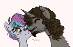 Size: 872x568 | Tagged: safe, alternate version, artist:hippykat13, oc, oc only, oc:kitty sweet, oc:silence, species:pegasus, species:pony, species:unicorn, boop, confused, digital art, dimples, ear piercing, earring, facial hair, freckles, glasses, jewelry, piercing, snoot, traditional art