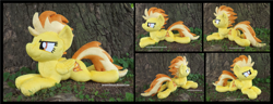 Size: 4568x1754 | Tagged: safe, artist:peruserofpieces, character:spitfire, species:pegasus, species:pony, beanie (plushie), female, mare, photo, plushie, prone, smiling, solo, tree