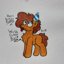 Size: 1775x1775 | Tagged: safe, artist:drheartdoodles, oc, oc:floofy, birthday, chest fluff, clothing, colored, hat, party hat, smiling, tongue out, traditional art