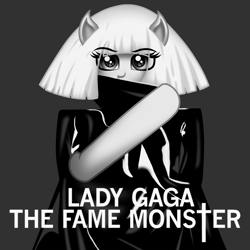 Size: 1500x1500 | Tagged: safe, artist:aldobronyjdc, species:earth pony, species:pony, album, album cover, clothing, covering mouth, digital art, female, illustration, lady gaga, looking at you, ponified, simple background, solo, text, the fame monster