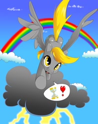 Size: 1179x1500 | Tagged: safe, artist:the-unicorn-lord, character:derpy hooves, character:doctor whooves, species:pegasus, species:pony, ship:doctorderpy, cloud, female, heart, lightning, mare, pixiv, rainbow, shipping, solo, straight
