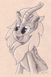 Size: 3335x5037 | Tagged: safe, artist:peruserofpieces, character:cinder glow, character:summer flare, species:kirin, g4, bust, female, happy, horn, pencil drawing, scales, smiling, solo, toned paper, traditional art