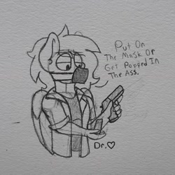 Size: 1554x1554 | Tagged: safe, artist:drheartdoodles, oc, oc:dr.heart, species:anthro, species:pegasus, species:pony, g4, artist signature, clothing, clydesdale, coat, dialogue, doctor, gun, male, mask, stallion, traditional art, weapon