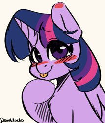 Size: 769x900 | Tagged: safe, artist:cottonsweets, character:twilight sparkle, character:twilight sparkle (alicorn), species:alicorn, species:pony, g4, blep, blushing, chest fluff, cute, female, looking at you, mare, mlem, silly, simple background, solo, tongue out, twiabetes, white background
