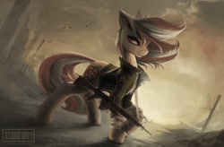 Size: 3451x2267 | Tagged: safe, artist:blvckmagic, oc, oc only, oc:roulette, species:earth pony, species:pony, fallout equestria, g4, assault rifle, clothing, cloud, cloudy, fallout equestria: red 36, fanfic art, female, gun, hoof wraps, jacket, looking at you, m16, mare, outdoors, rifle, sunset, wasteland, weapon