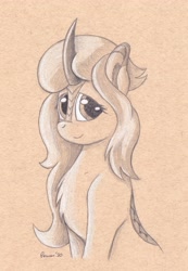 Size: 3212x4631 | Tagged: safe, artist:peruserofpieces, oc, oc:lumi, species:kirin, g4, bust, female, horn, kirin oc, looking at you, pencil drawing, scales, smiling, solo, toned paper, traditional art