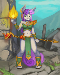 Size: 1000x1250 | Tagged: safe, artist:lexx2dot0, character:sweetie belle, species:anthro, species:pony, species:unguligrade anthro, species:unicorn, g4, armor, belly button, fire, mage, magic, midriff, mountain, pyro belle, staff