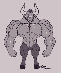 Size: 1513x1789 | Tagged: safe, artist:toby_art, character:iron will, species:minotaur, g4, abs, explicit source, grayscale, male, monochrome, muscles, necktie, nose piercing, nose ring, piercing, solo