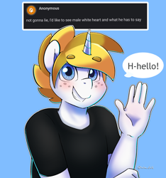 Size: 3000x3200 | Tagged: safe, artist:talimingi, oc, oc:white heart, species:anthro, species:pony, species:unicorn, g4, ask white heart, dialogue, hand, solo, wave