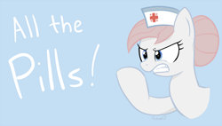 Size: 1000x567 | Tagged: safe, artist:tehflah, character:nurse redheart, species:earth pony, species:pony, 30 minute art challenge, clothing, female, gritted teeth, hat, mare, nurse hat, raised hoof, signature, simple background, solo, text