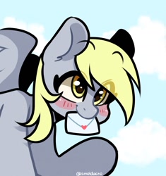 Size: 1350x1434 | Tagged: safe, artist:cottonsweets, character:derpy hooves, species:pegasus, species:pony, g4, blushing, cloud, cute, derpabetes, eye clipping through hair, female, flying, letter, mare, mouth hold, sky, solo