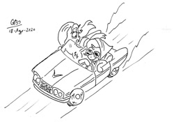 Size: 1024x716 | Tagged: safe, artist:gafelpoez, character:starlight glimmer, character:trixie, species:pony, species:unicorn, g4, car, convertible, driving, monochrome, simple background, sunglasses, thelma and louise, white background
