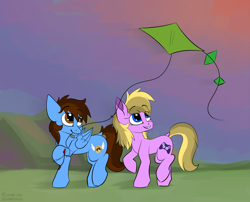 Size: 3000x2421 | Tagged: safe, artist:arume_lux, artist:cottonsweets, oc, oc only, oc:amber bright, oc:pegasusgamer, species:earth pony, species:pegasus, species:pony, g4, field, kite, looking up, outdoors, simple background, sky, walking