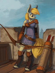 Size: 900x1200 | Tagged: safe, artist:lexx2dot0, part of a set, character:derpy hooves, species:anthro, species:unguligrade anthro, g4, archer, arrow, bow (weapon), bow and arrow, fantasy class, female, gauntlet, greaves, leather, quiver, solo, tower, weapon