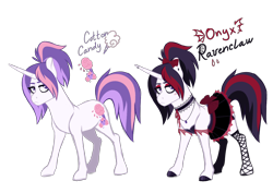 Size: 4093x2894 | Tagged: safe, artist:whalepornoz, oc, oc:cotton candy, oc:onyx ravenclaw, parent:sapphire shores, parent:sassy saddles, species:pony, species:unicorn, g4, adopted offspring, alternate hair color, clothing, cutie mark, dress, dyed mane, eyeshadow, female, fishnets, frown, goth, horn, horn piercing, jewelry, makeup, necklace, offspring, parents:sapphiresaddles, piercing, ponytail, simple background, transparent background