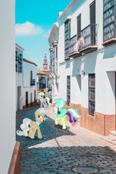 Size: 2000x3000 | Tagged: safe, artist:dashiesparkle edit, artist:johan mouchet, artist:mundschenk85, edit, editor:jaredking203, character:bon bon, character:derpy hooves, character:lyra heartstrings, character:mayor mare, character:sweetie drops, species:earth pony, species:pegasus, species:pony, g4, building, carmona (spain), female, houses, irl, mare, photo, ponies in real life, ponies riding ponies, riding, sidewalk, spain, vector, vector edit, walkway