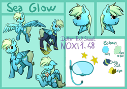 Size: 2000x1400 | Tagged: safe, artist:noxi1_48, oc, oc:sea glow, species:pegasus, species:pony, g4, drinking, flippers, male, reference sheet, solo, stallion, wetsuit