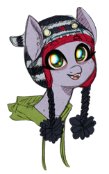 Size: 535x850 | Tagged: safe, artist:hippykat13, oc, oc only, oc:kitty sweet, g4, bags under eyes, chromatic aberration, chullo, clothing, colored, cute, cute little fangs, digital art, ear piercing, earring, fangs, freckles, happy, hat, hoodie, jewelry, looking at you, piercing, scar, simple background, solo, traditional art, transparent background