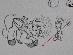 Size: 2013x1499 | Tagged: safe, artist:drheartdoodles, oc, oc:dr.heart, species:pegasus, species:pony, species:unicorn, g4, angry, background pony, behaving like a cat, clydesdale, laser pointer, magic, size difference, traditional art, yelling