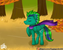 Size: 1024x811 | Tagged: safe, artist:spokenmind93, oc, oc only, oc:gale twister, species:pegasus, species:pony, g4, autumn, breeze, clothing, leaves, scarf, solo, tree