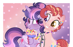 Size: 2255x1453 | Tagged: safe, artist:strawberry-spritz, base used, character:pinkie pie, character:twilight sparkle, character:twilight sparkle (alicorn), species:alicorn, species:earth pony, species:pony, ship:twinkie, g4, abstract background, bi twi, bisexual pride flag, bisexuality, clothing, demigirl, demigirl pride flag, demisexual, demisexual pride flag, female, gender headcanon, genderfluid, genderfluid pride flag, headcanon, heterochromia, lesbian, lgbt headcanon, looking at each other, mare, nonbinary, pansexual, pansexual pride flag, pride flag, scarf, sexuality headcanon, shipping
