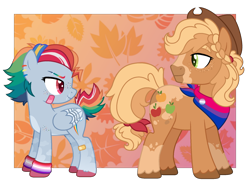 Size: 2082x1516 | Tagged: safe, artist:crazyaya, artist:strawberry-spritz, base used, character:applejack, character:rainbow dash, species:earth pony, species:pegasus, species:pony, ship:appledash, g4, alternate design, alternate hairstyle, applejack's hat, bandage, bandaid, bandana, bi applejack, bigender, bigender applejack, bigender pride flag, bisexual pride flag, clothing, colored pupils, colored wings, cowboy hat, female, freckles, hat, headcanon, lesbian, lesbian pride flag, lesbian rainbow dash, lgbt headcanon, looking at each other, mare, multicolored wings, nonbinary, nonbinary applejack, pride, pride flag, scar, sexuality headcanon, shipping, unshorn fetlocks, wings, wristband