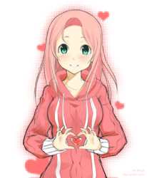 Size: 1648x2000 | Tagged: safe, artist:derpiihooves, character:fluttershy, species:human, clothing, cute, faith summers, female, heart hands, hoodie, humanized, looking at you, moe, shyabetes, solo, starswirl academy, valentine's day