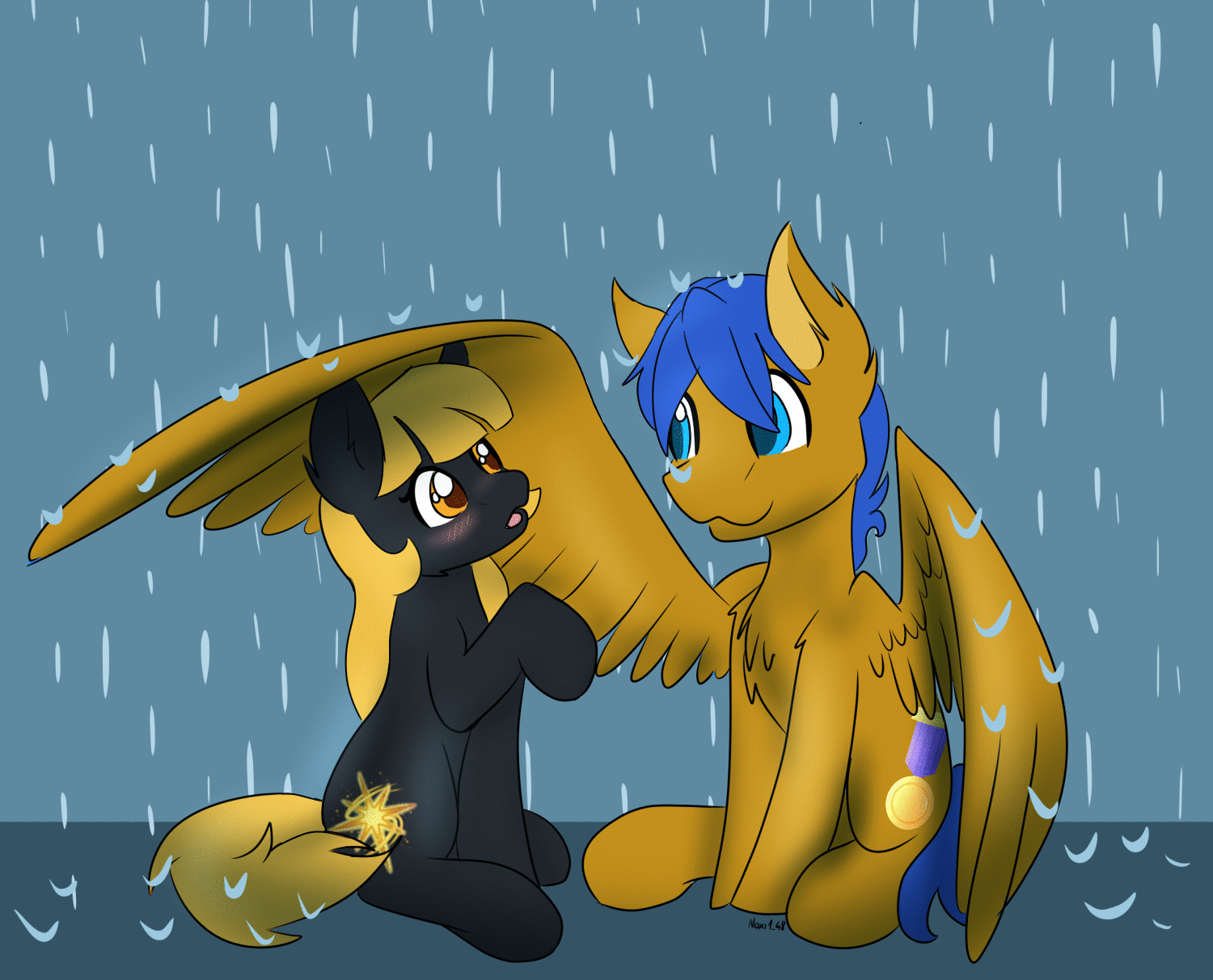Size: 1500x1213 | Tagged: safe, artist:noxi1_48, oc, oc:crushingvictory, oc:golden glory, species:earth pony, species:pegasus, species:pony, g4, animated, blushing, chest fluff, covering, duo, female, gif, male, mare, rain, stallion, wing umbrella