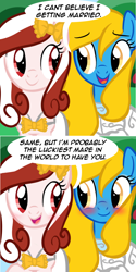 Size: 556x1112 | Tagged: safe, artist:marytheechidna, oc, oc:internet explorer, oc:opera, species:earth pony, species:pony, g4, ask internet explorer, browser ponies, clothing, dress, everything went better than expected, female, good end, internet explorer, love, mare, marriage, wedding, wedding dress