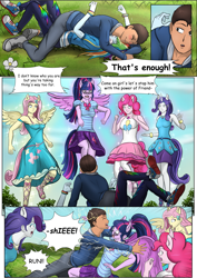 Size: 4961x7016 | Tagged: safe, artist:symptom99, character:fluttershy, character:pinkie pie, character:rainbow dash, character:rarity, character:twilight sparkle, character:twilight sparkle (scitwi), oc, oc only, oc:mazin, species:eqg human, comic:eureka! let's isekai, g4, my little pony:equestria girls, clothing, comic, converse, eyes closed, hug, isekai, lab coat, ponied up, shoes, tree, vulgar