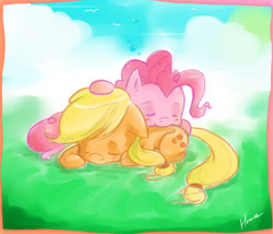 Size: 700x600 | Tagged: safe, artist:derpiihooves, character:applejack, character:pinkie pie, species:earth pony, species:pony, g4, chibi, cute, diapinkes, duo, eyes closed, female, jackabetes, mare, pony pile, sleeping