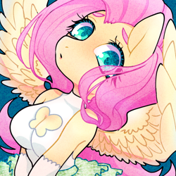 Size: 640x640 | Tagged: safe, artist:bbtasu, character:fluttershy, species:anthro, species:pegasus, g4, boob window, breasts, busty fluttershy, cleavage, colored pupils, cute, eye clipping through hair, female, looking at you, mare, shyabetes, solo, spread wings, three quarter view, wings