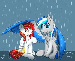 Size: 1499x1212 | Tagged: safe, artist:noxi1_48, oc, oc only, oc:diamond sun, oc:hawker hurricane, species:pegasus, species:pony, g4, cute, female, gif, hawkmond, male, mare, oc x oc, pegasus oc, rain, shipping, simple background, sitting, spread wings, stallion, wing umbrella, wings, ych example, your character here