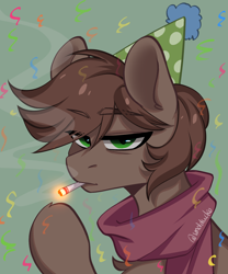 Size: 1190x1432 | Tagged: safe, artist:cottonsweets, oc, oc:brewer, oc:noble brew, species:earth pony, species:pony, g4, birthday, birthday gift art, ciggarette, clothing, confetti, dirty smoker, gift art, happy birthday, hat, party hat, scarf, simple background, smoking, solo