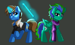 Size: 2241x1336 | Tagged: safe, artist:cottonsweets, oc, oc only, oc:gale twister, species:pegasus, species:pony, species:unicorn, g4, clothing, scarf, sword, weapon