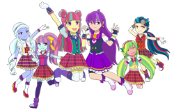 Size: 2560x1620 | Tagged: safe, artist:fantasygerard2000, character:indigo zap, character:lemon zest, character:sour sweet, character:sugarcoat, character:sunny flare, oc, oc:magus eveningstar, equestria girls:friendship games, g4, my little pony: equestria girls, my little pony:equestria girls, boots, bow, clothing, dress, ear piercing, earring, female, gloves, goggles, hair bun, headphones, jewelry, piercing, ponytail, ribbon, shadow five, shadowbolts, shoes, simple background, skirt, stockings, thigh highs, transparent background