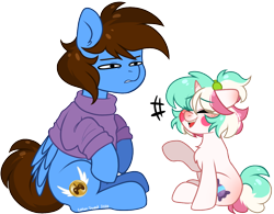 Size: 1118x873 | Tagged: safe, artist:cottonsweets, oc, oc:cottonsweets, oc:pegasusgamer, species:pegasus, species:pony, species:unicorn, g4, chest fluff, clothing, confused, eyes closed, happy, horn, simple background, sitting, sweater, transparent background, wings