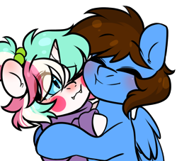 Size: 1320x1200 | Tagged: safe, artist:cottonsweets, oc, oc:cottonsweets, oc:pegasusgamer, species:pegasus, species:pony, species:unicorn, g4, blushing, clothing, eyes closed, happy, horn, hug, redesign, simple background, sweater, transparent background, wings