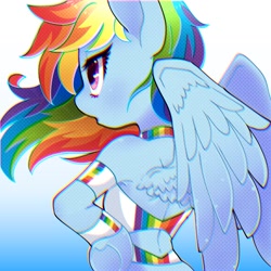 Size: 1500x1500 | Tagged: safe, artist:bbtasu, character:rainbow dash, species:anthro, species:pegasus, species:pony, species:unguligrade anthro, g4, arm hooves, backless, bare shoulders, female, gradient background, hooves on hips, semi-anthro, solo