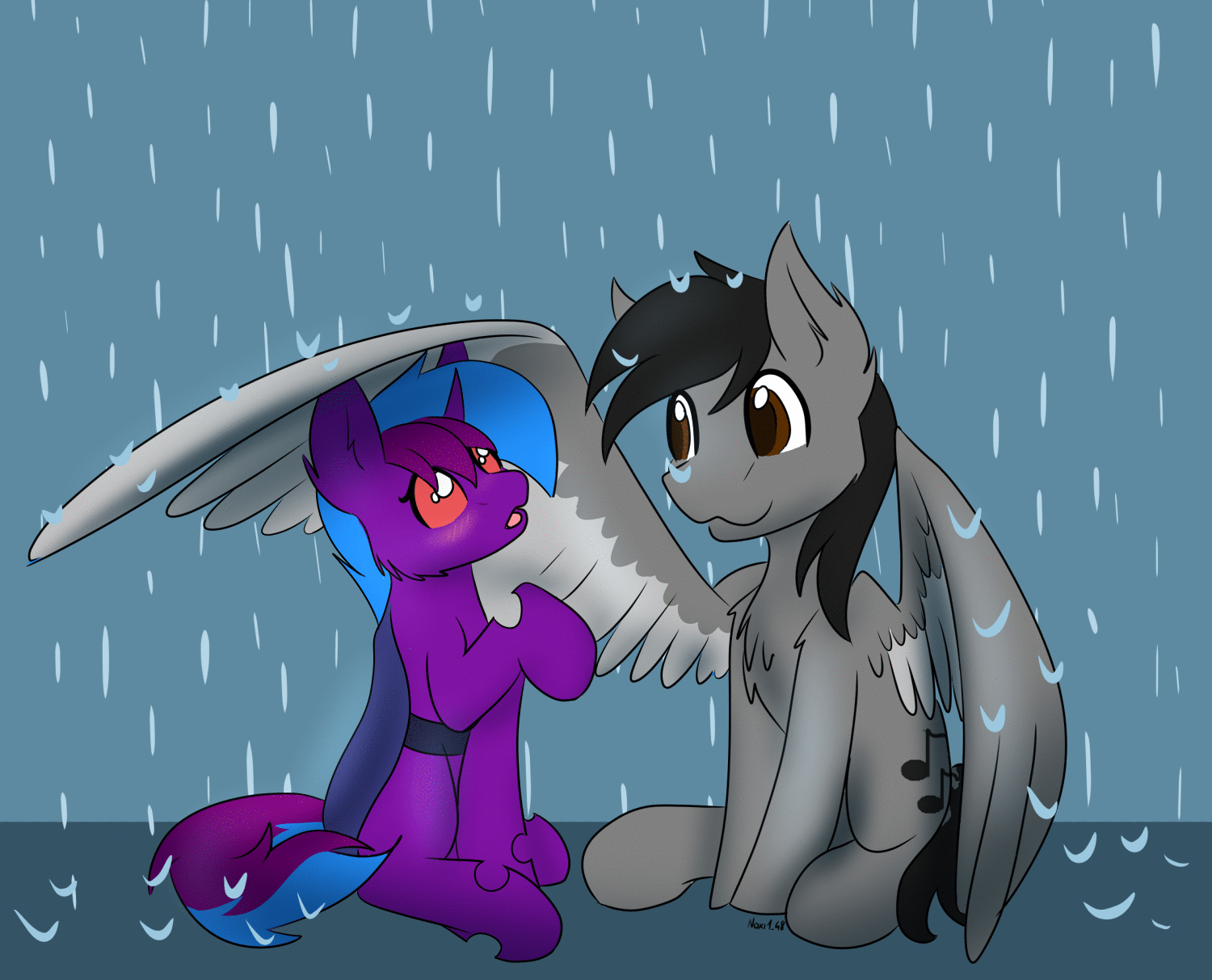 Size: 1500x1213 | Tagged: safe, artist:noxi1_48, oc, oc:cruxia, oc:love note, species:changeling, species:pegasus, species:pony, g4, animated, blushing, changeling oc, gif, pegasus oc, rain, wings