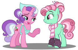 Size: 2495x1599 | Tagged: safe, artist:strawberry-spritz, character:minty, character:sweetberry, species:earth pony, species:pony, species:unicorn, g3, clothing, g3 to g4, generation leap, leg warmers, scarf, simple background, transparent background