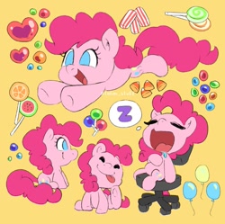 Size: 905x900 | Tagged: safe, artist:talimingi, character:pinkie pie, species:earth pony, species:pony, g4, balloon, behaving like a dog, candy, candy corn, cute, cutie mark, diapinkes, drool, ear scratch, female, food, lollipop, mare, no pupils, office chair, open mouth, orange background, profile, simple background, sitting, sleeping, solo, z