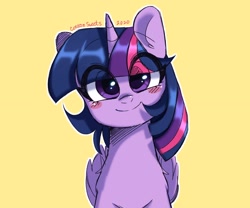 Size: 1200x1000 | Tagged: safe, artist:cottonsweets, character:twilight sparkle, character:twilight sparkle (alicorn), species:alicorn, species:pony, g4, blushing, bust, chest fluff, cute, eye clipping through hair, female, looking at you, mare, simple background, smiling, solo, twiabetes, yellow background