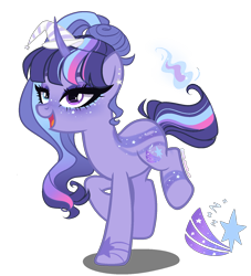 Size: 1500x1650 | Tagged: safe, artist:gihhbloonde, artist:meimisuki, base used, oc, oc only, parent:trixie, parent:twilight sparkle, parents:twixie, species:pony, species:unicorn, g4, adoptable, clothing, ear piercing, earring, eyeshadow, female, freckles, hat, jewelry, magical lesbian spawn, makeup, mare, markings, multicolored hair, offspring, open mouth, piercing, raised hoof, raised leg, simple background, solo, tattoo, transparent background, witch hat