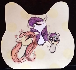 Size: 1081x1009 | Tagged: safe, artist:hippykat13, character:fluttershy, character:rarity, oc, oc:kitty sweet, species:pegasus, species:pony, species:unicorn, g4, :3, blep, blepping, bust, butterfly, cute, eyes closed, eyeshadow, gel pen, majestic, makeup, marker drawing, notepad, ocbetes, paw prints, raribetes, shyabetes, sparkles, tongue out, traditional art